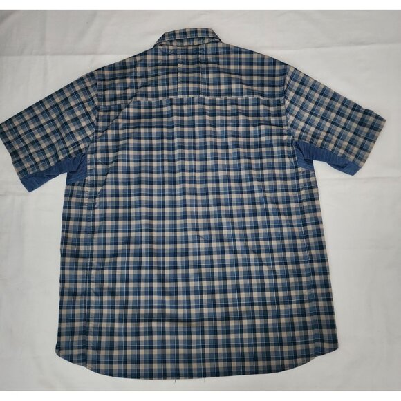 REI Men's Vented Short Sleeve Button-Up Sahara Tech Blue Plaid Shirt Size Large - Picture 2 of 11